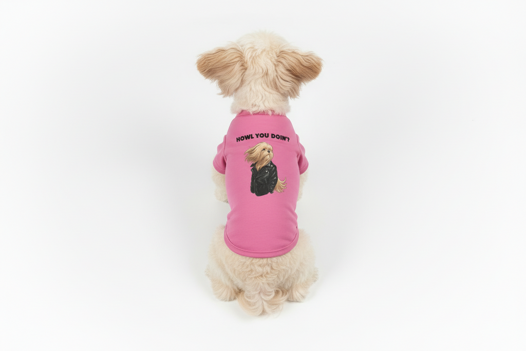 Pink dog shirt with a dog wearing a leather jacket graphic and 'HOWL YOU DOIN?' text on a white background.