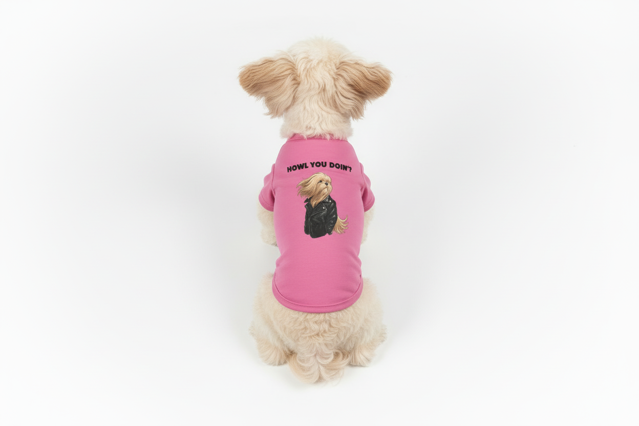 Pink dog shirt with a dog wearing a leather jacket graphic and 'HOWL YOU DOIN?' text on a white background.