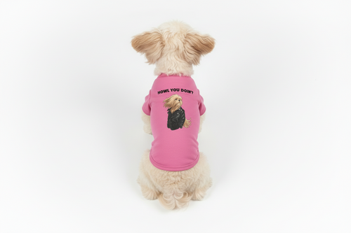 Pink dog shirt with a dog wearing a leather jacket graphic and 'HOWL YOU DOIN?' text on a white background.