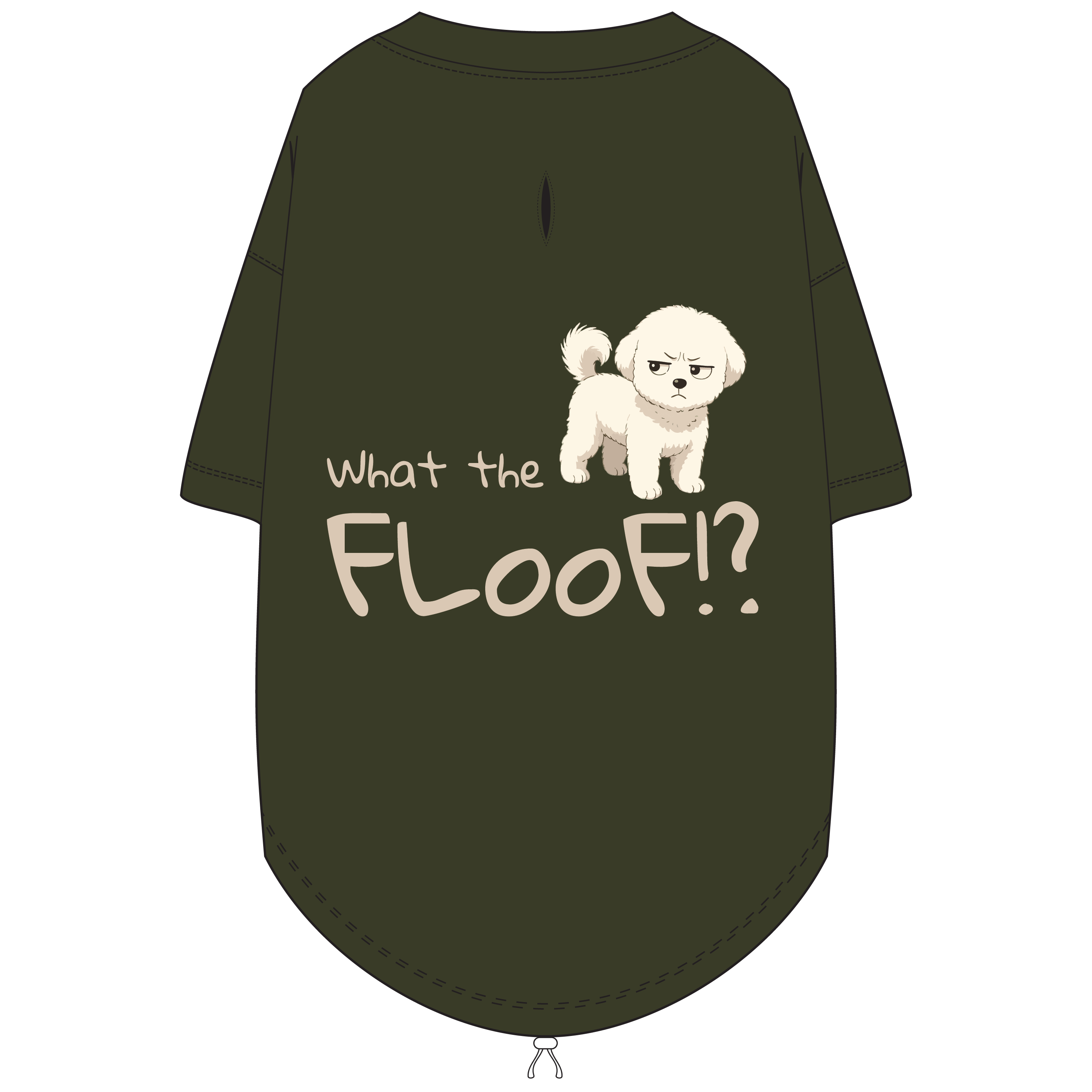 Olive-green dog shirt with a cartoon dog and text 'What the Floof?' on a white background