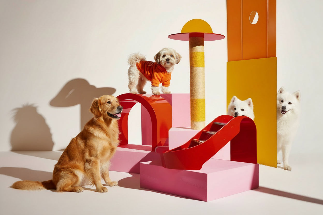 Three dogs interacting with a colorful geometric dog play structure.