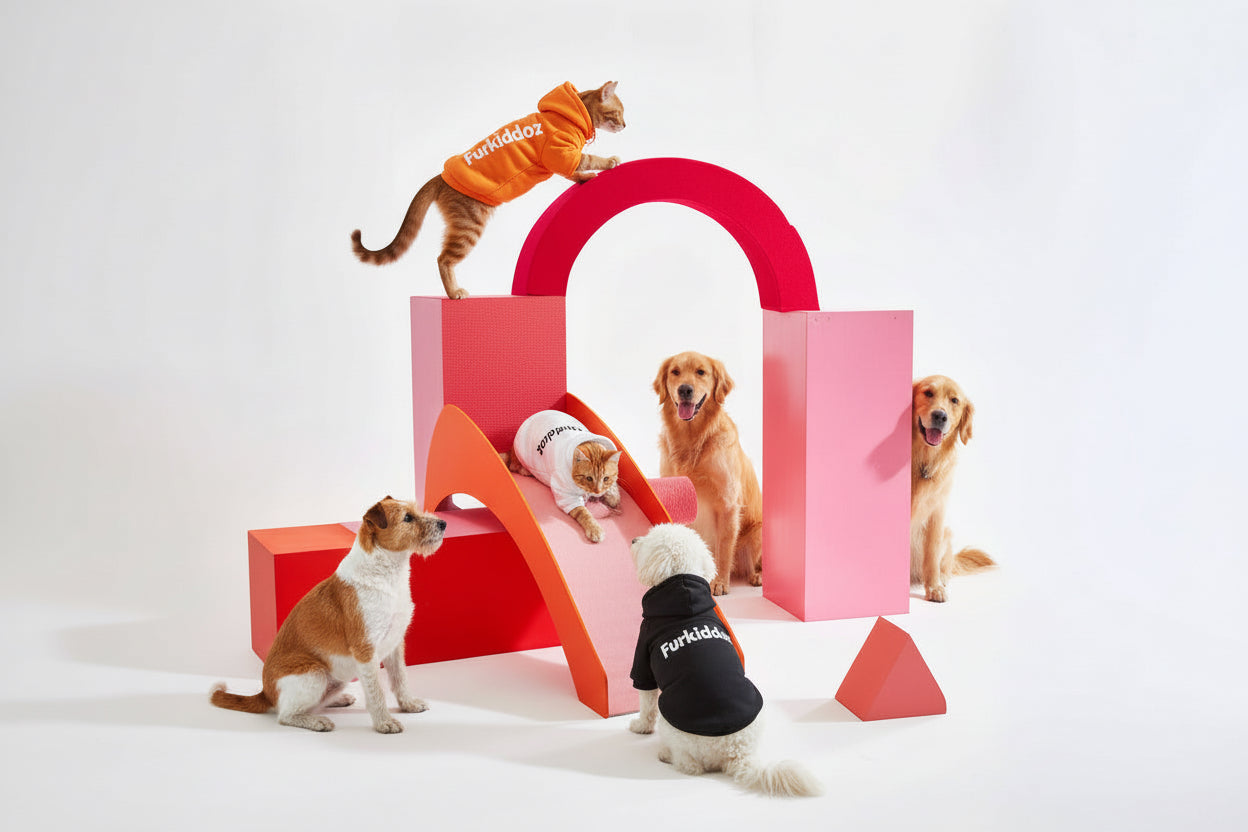 Four dogs and two cats playing with a pink and orange geometric sculpture on a white background